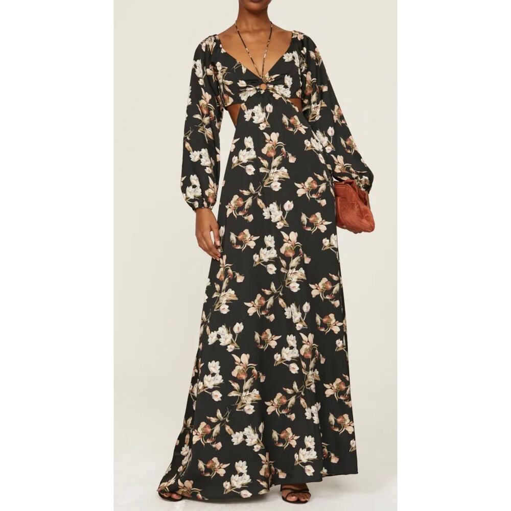 Sachin and Babi Maxi Dress Cassandra Black Satin Floral Long Sleeve